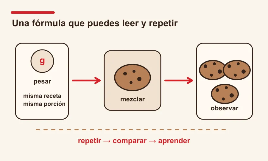 Diagrama de una fórmula que se repite desde la balanza hasta la bandeja y las notas.