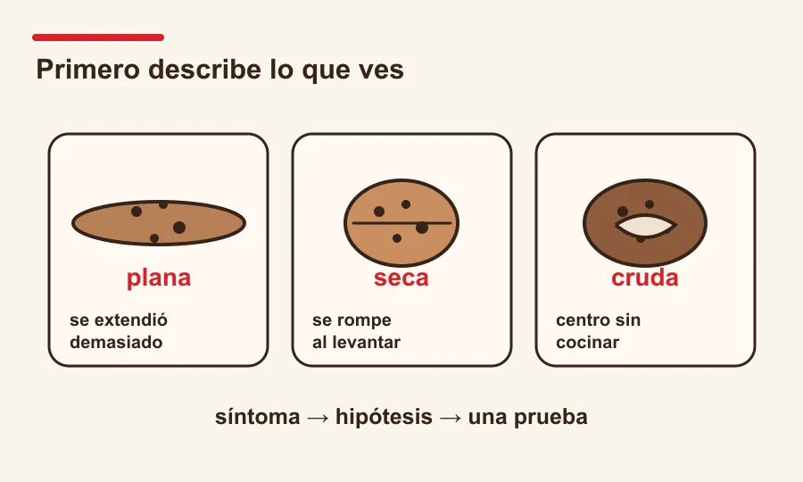 Tres cookies dibujadas como plana, seca y cruda para separar síntomas antes de ajustar la receta.