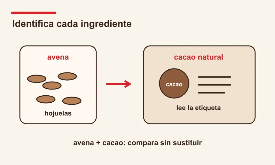 Comparación separada de avena en hojuelas y cacao natural, con sus etiquetas visibles.