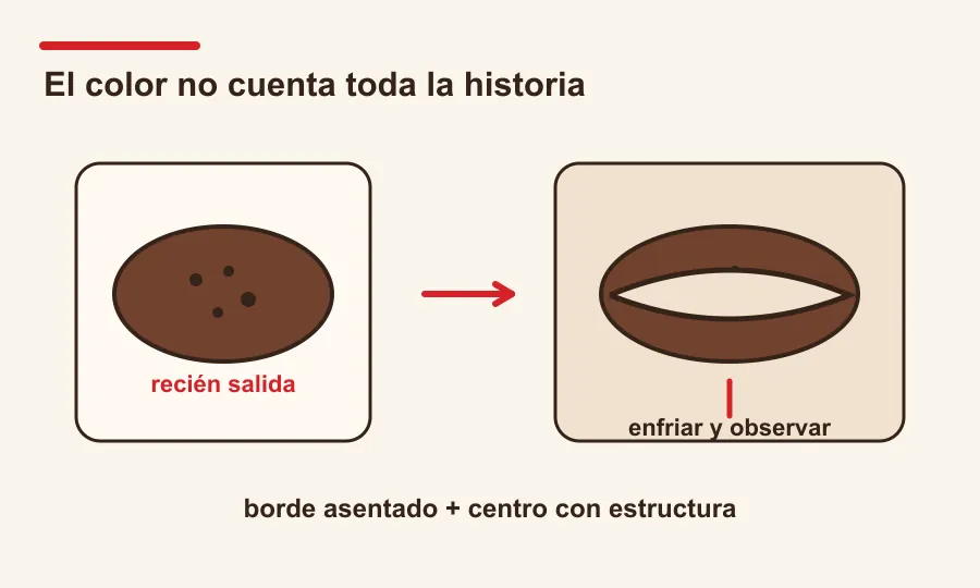 Cookie de cacao partida después de enfriar, mostrando borde asentado y centro estructurado.