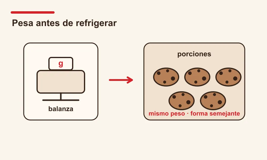 Balanza y porciones de masa del mismo tamaño antes del reposo.