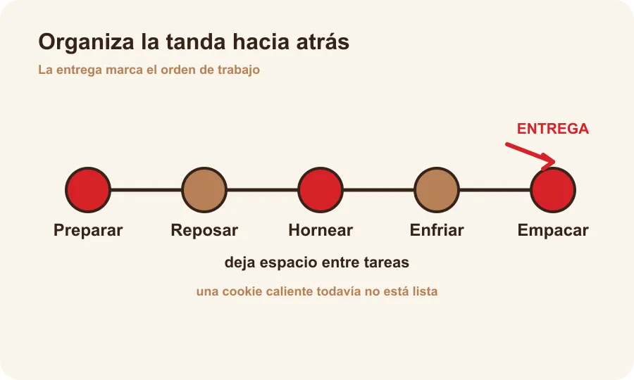 Línea de trabajo hacia atrás para organizar preparación, reposo, horno, enfriamiento y empaque.