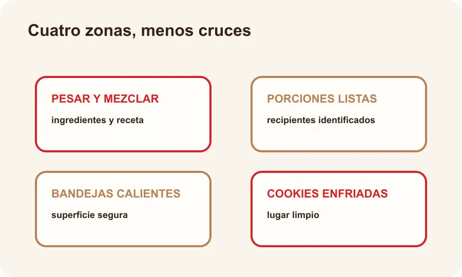 Diagrama de cuatro zonas de trabajo para pesar, porcionar, enfriar bandejas y guardar cookies.