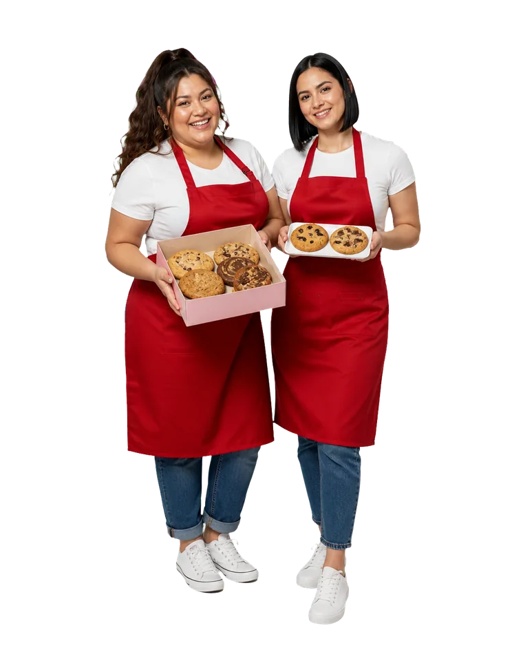 Representación visual de dos mujeres adultas con delantales rojos mostrando cookies