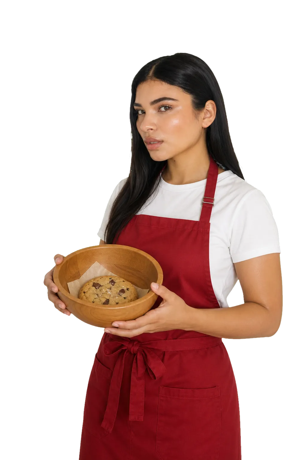 Retrato editorial de Camila Losada con delantal rojo y una cookie