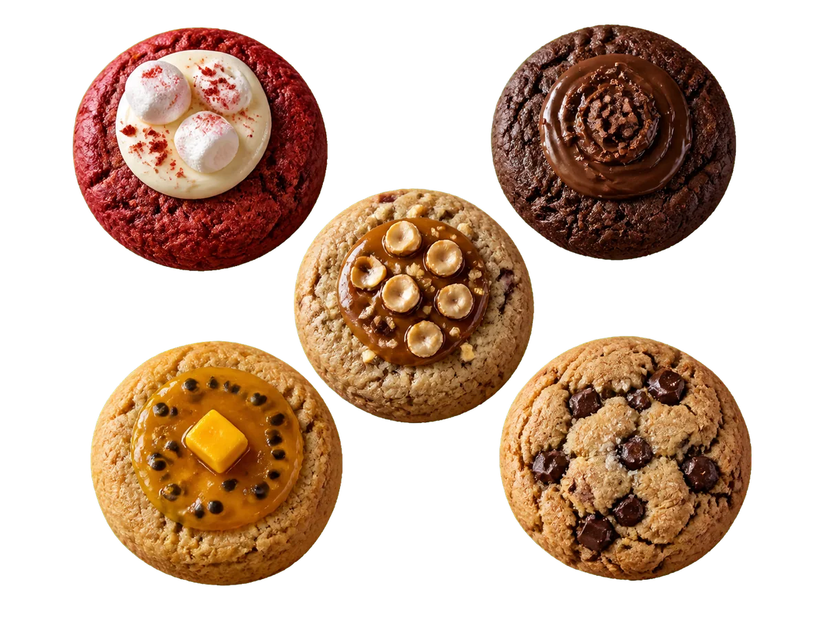 Cinco cookies gourmet estilo New York dispuestas como una composición recortada