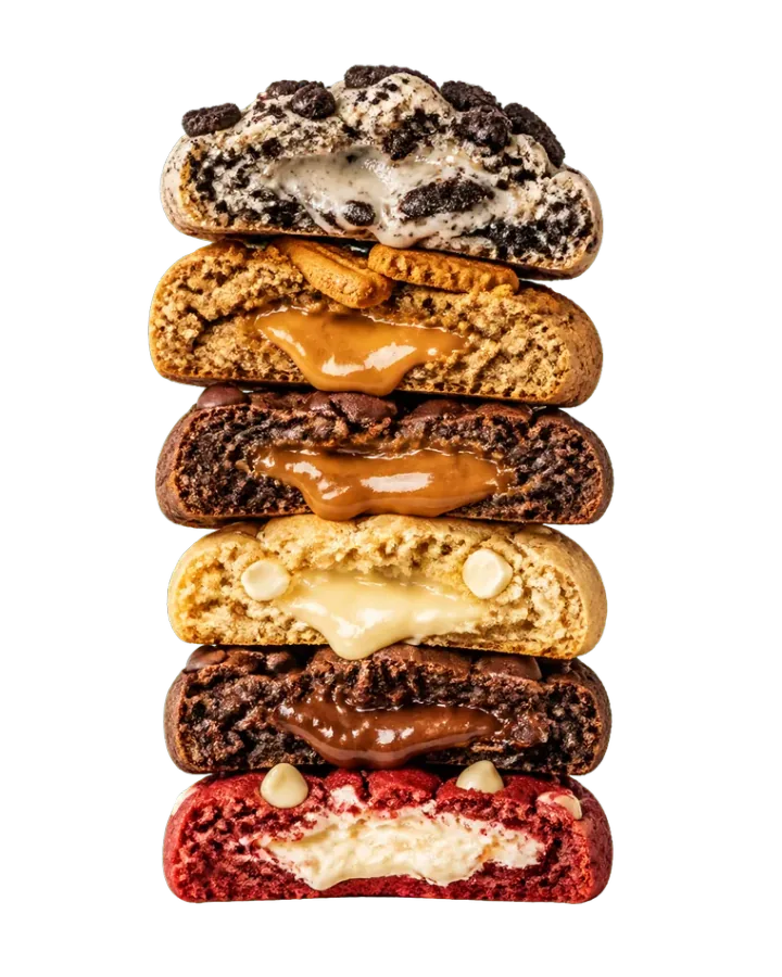 Torre recortada de cookies con rellenos que representa las familias de recetas
